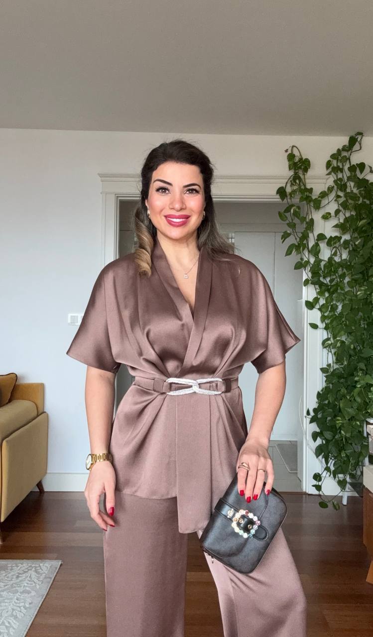 SATIN TWO-PIECE SET WITH WRAP TIE DETAIL - MOCHA BROWN