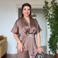 SATIN TWO-PIECE SET WITH WRAP TIE DETAIL - MOCHA BROWN