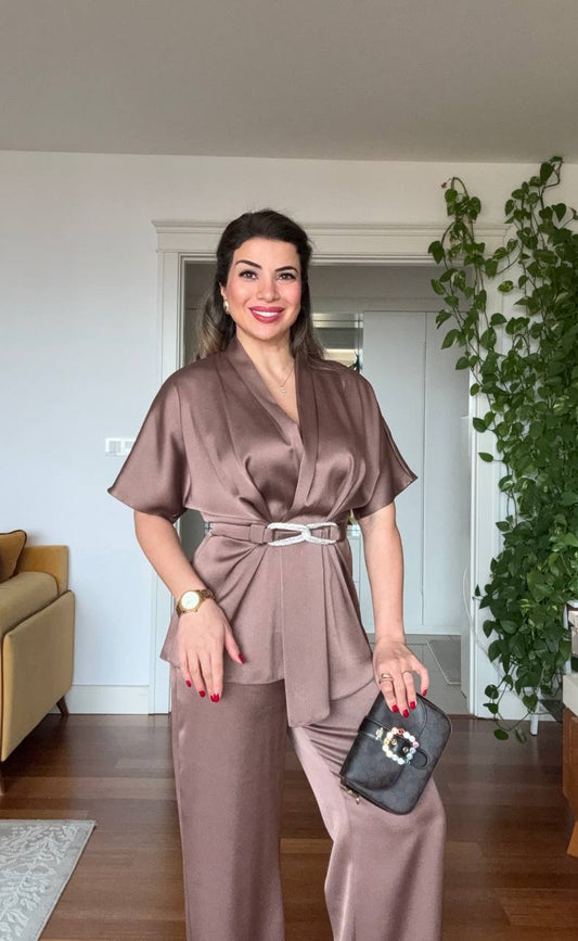 SATIN TWO-PIECE SET WITH WRAP TIE DETAIL - MOCHA BROWN