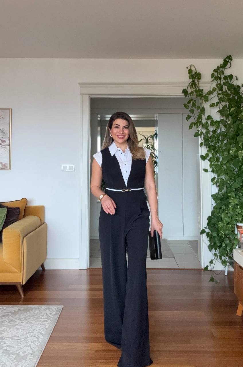 SHIRT COLLAR BLAZER LOOK WIDE LEG JUMPSUIT - BLACK