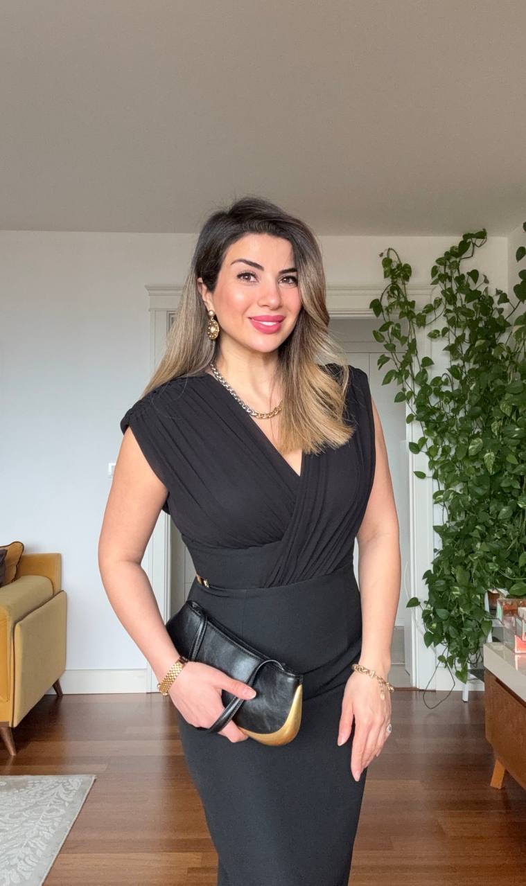 ELEGANT V-NECK MIDI DRESS - BLACK