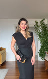 ELEGANT V-NECK MIDI DRESS - BLACK