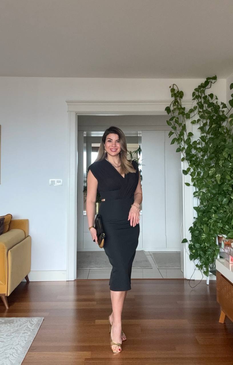ELEGANT V-NECK MIDI DRESS - BLACK