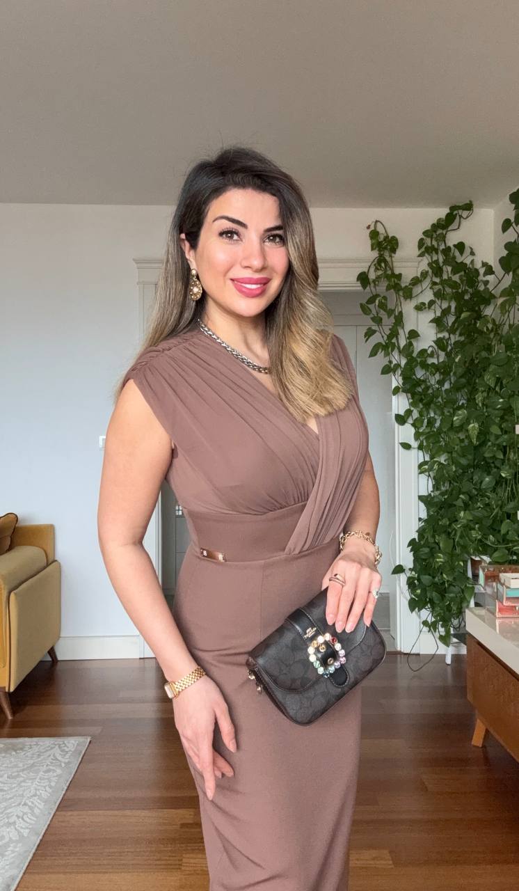 ELEGANT V-NECK MIDI DRESS - BROWN