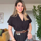 MIDI DRESS WITH BROWN BELT AND CAP SLEEVES - BLACK