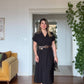 MIDI DRESS WITH BROWN BELT AND CAP SLEEVES - BLACK
