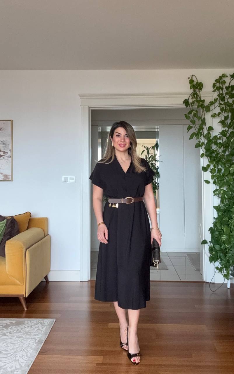 MIDI DRESS WITH BROWN BELT AND CAP SLEEVES - BLACK