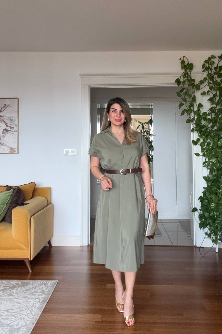 MIDI DRESS WITH BROWN BELT AND CAP SLEEVES - KHAKİ