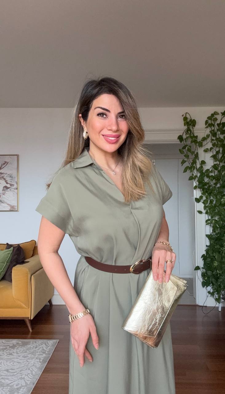 MIDI DRESS WITH BROWN BELT AND CAP SLEEVES - KHAKİ