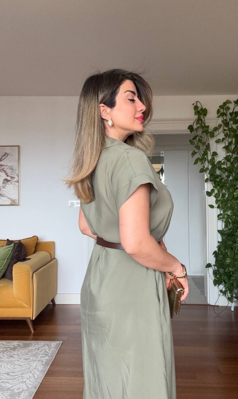MIDI DRESS WITH BROWN BELT AND CAP SLEEVES - KHAKİ