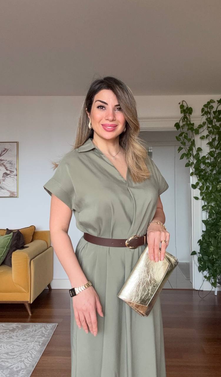 MIDI DRESS WITH BROWN BELT AND CAP SLEEVES - KHAKİ