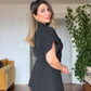 GOLD BUTTON DETAILED SHORT SLEEVE WRAP BLAZER & TROUSERS SET – BLACK