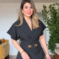 GOLD BUTTON DETAILED SHORT SLEEVE WRAP BLAZER & TROUSERS SET – BLACK