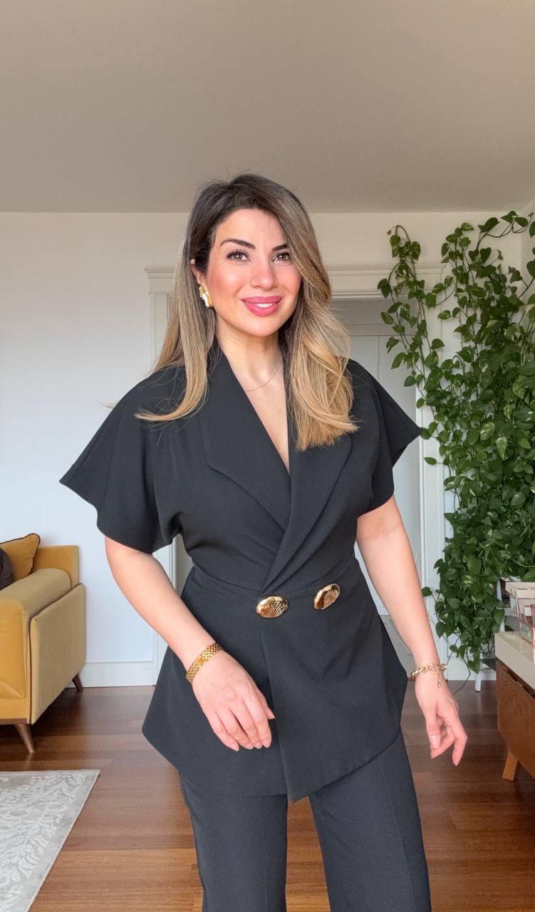 GOLD BUTTON DETAILED SHORT SLEEVE WRAP BLAZER & TROUSERS SET – BLACK