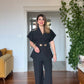 GOLD BUTTON DETAILED SHORT SLEEVE WRAP BLAZER & TROUSERS SET – BLACK