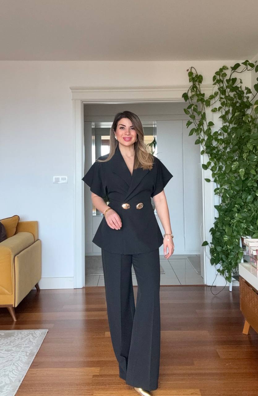 GOLD BUTTON DETAILED SHORT SLEEVE WRAP BLAZER & TROUSERS SET – BLACK