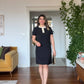 CONTRAST COLLAR BUTTON-DOWN MINI DRESS WITH POCKETS - BLACK