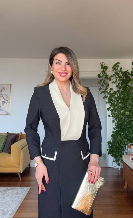 WHITE SHAWL COLLAR DETAIL MIDI TUXEDO DRESS - BLACK