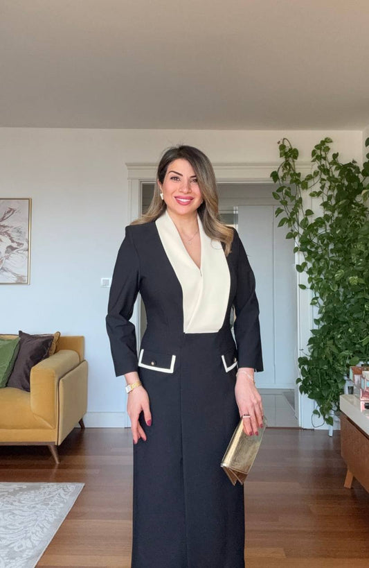 WHITE SHAWL COLLAR DETAIL MIDI TUXEDO DRESS - BLACK