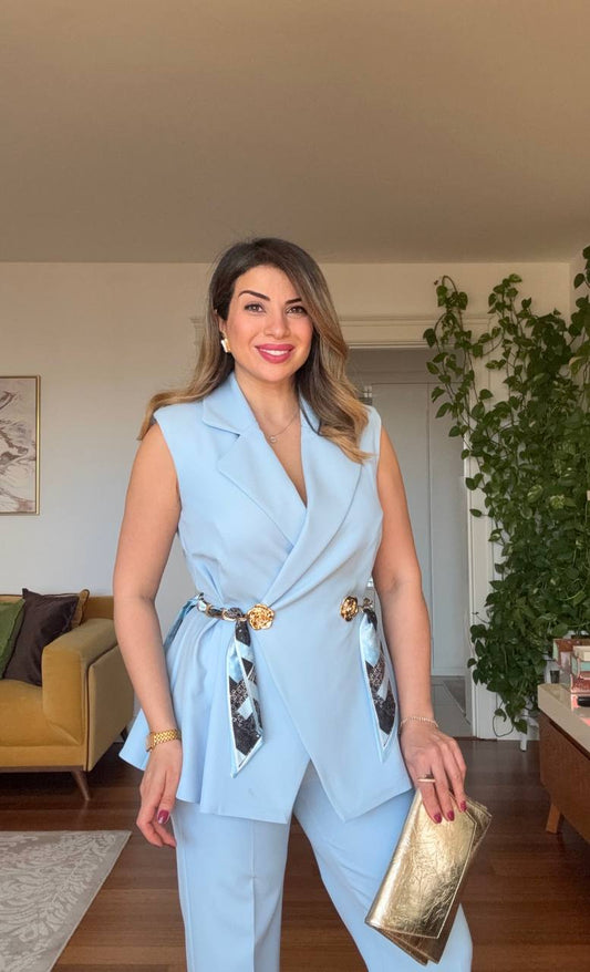 VEST TWO-PIECE SET WITH CHAIN BELT DETAIL - BABY BLUE