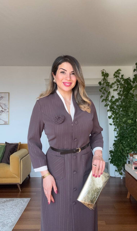 CONTRAST TRIM BELTED MIDI DRESS - BROWN