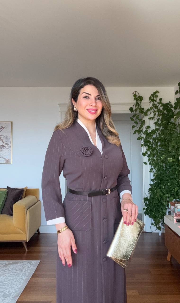 CONTRAST TRIM BELTED MIDI DRESS - BROWN