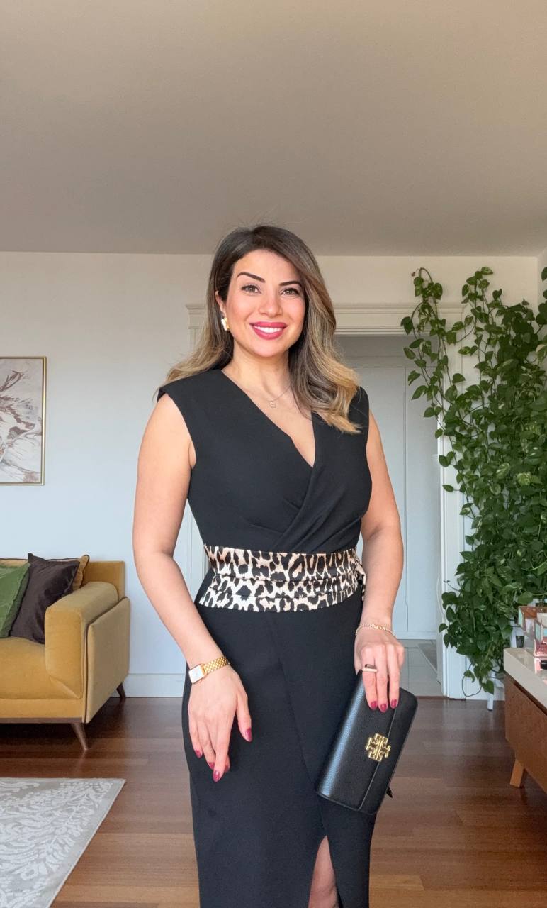 LEOPARD BELTED WRAP V-NECK SLIT MIDI DRESS - BLACK