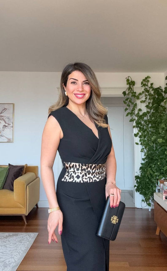 LEOPARD BELTED WRAP V-NECK SLIT MIDI DRESS - BLACK