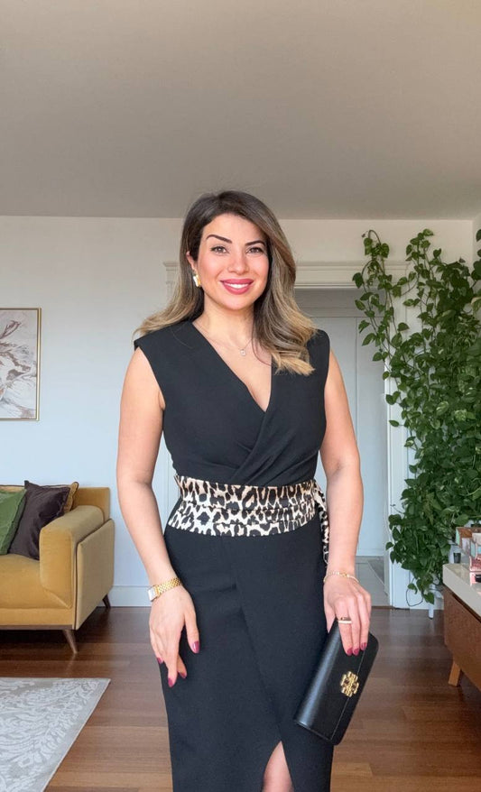 LEOPARD BELTED WRAP V-NECK SLIT MIDI DRESS - BLACK