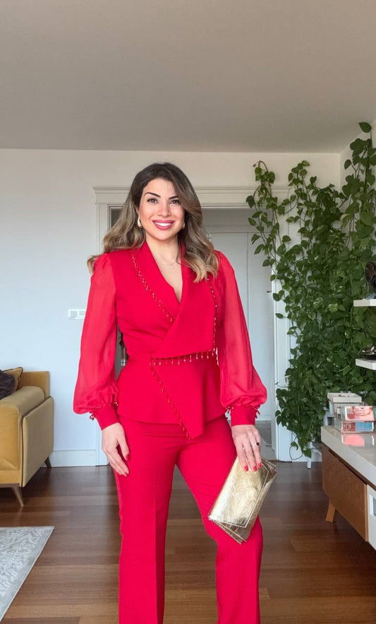 SLEEVE WITH TULLE DETAIL STONE-EMBELLISHED SUIT - RED