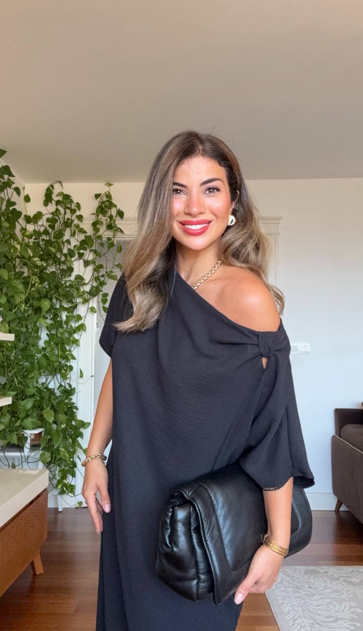 ASYMMETRICAL ONE-SHOULDER MAXI DRESS – BLACK