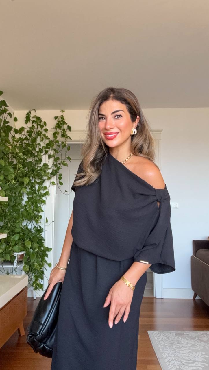 ASYMMETRICAL ONE-SHOULDER MAXI DRESS – BLACK