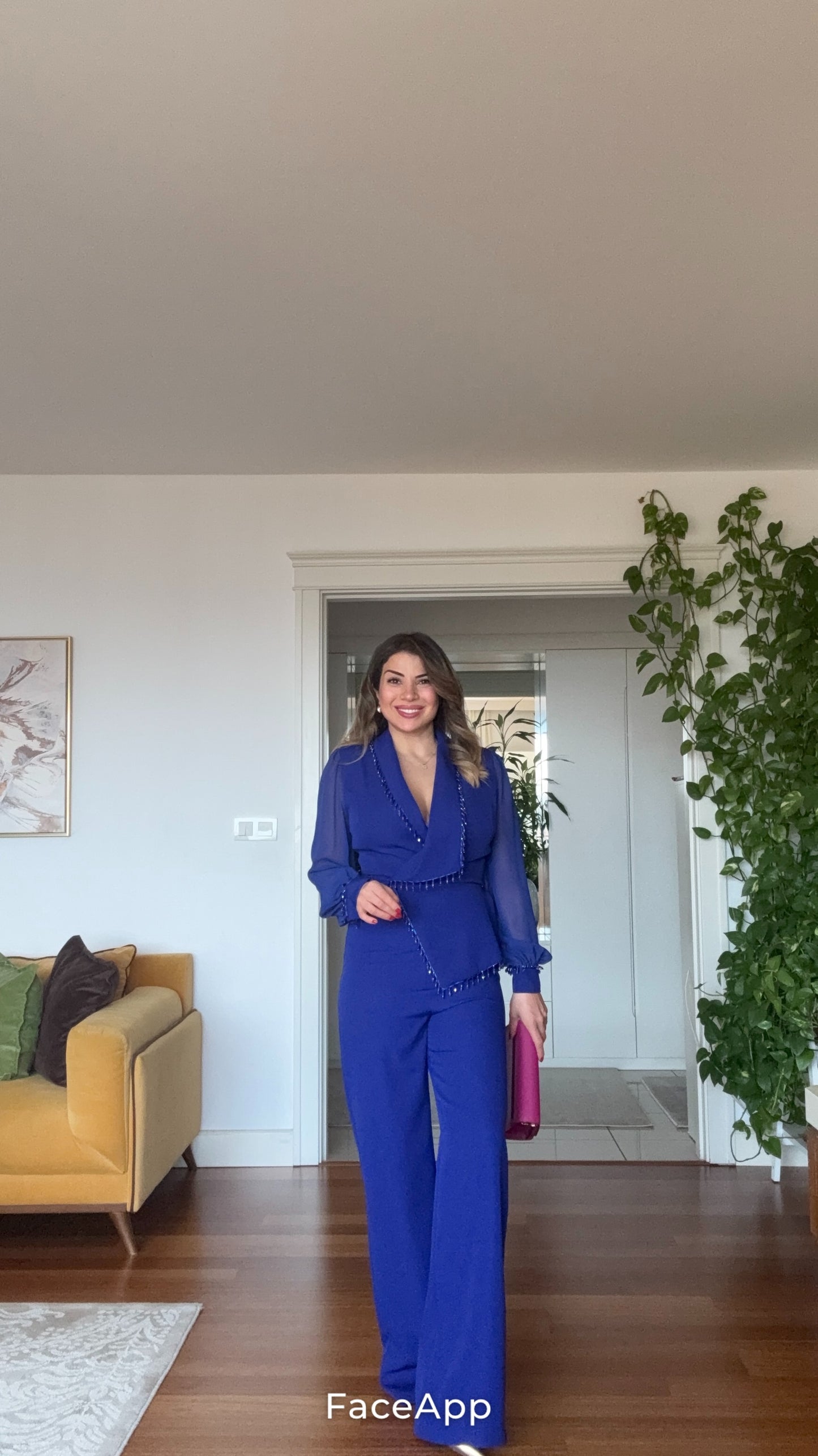 STONE-EMBELLISHED JUMPSUIT WITH TULLE SLEEVES - ROYAL BLUE