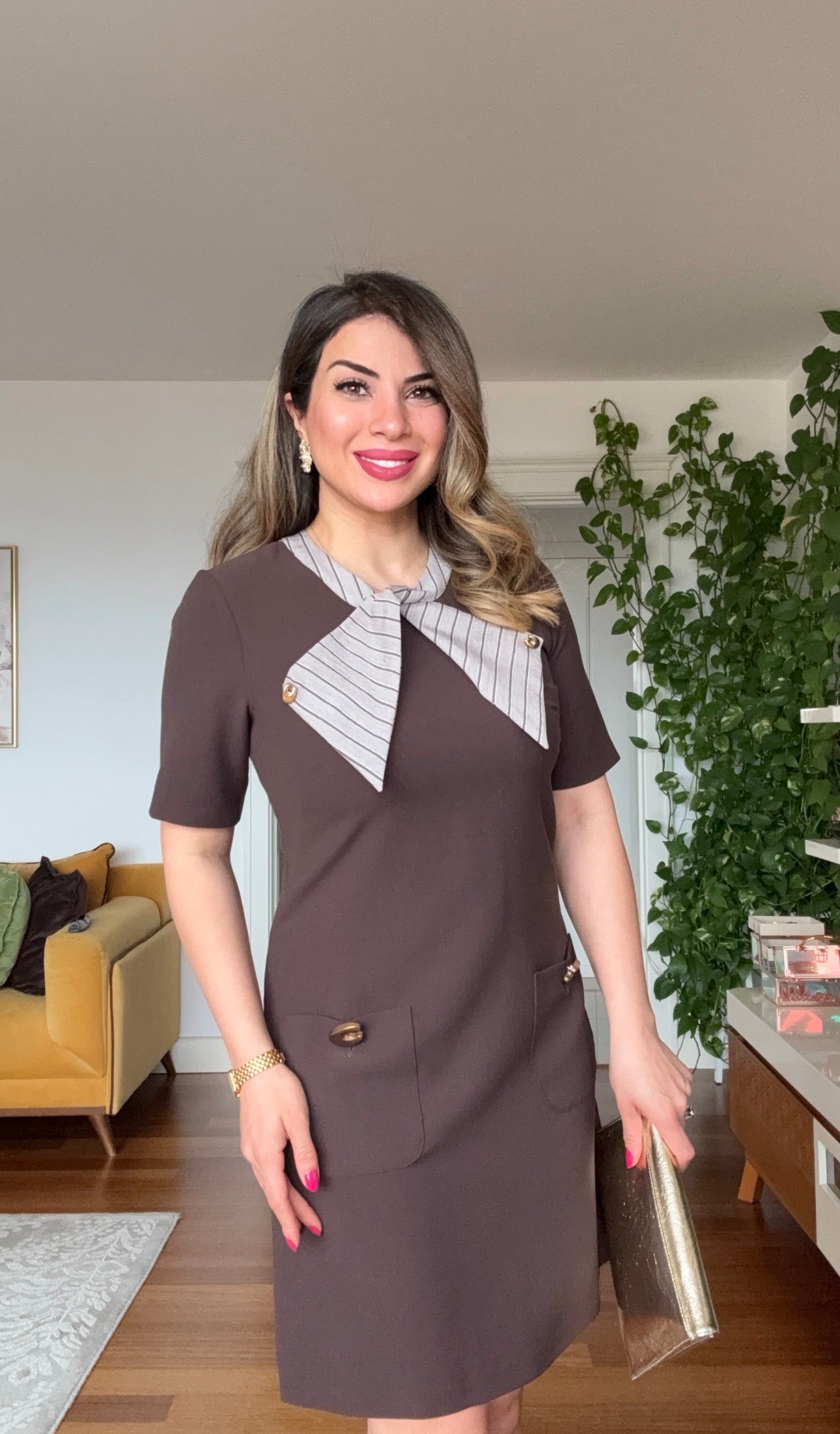 COLLAR DETAIL MINI DRESS WITH POCKETS - BROWN
