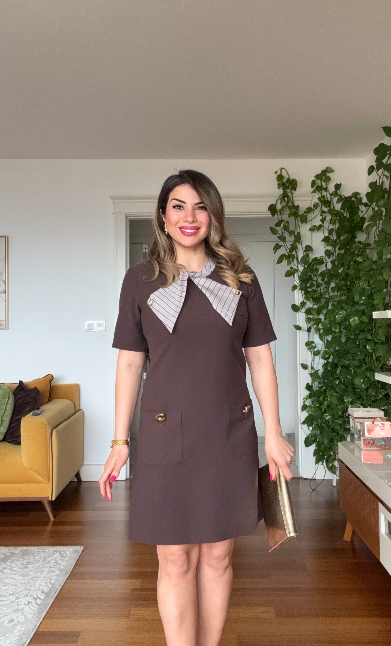 COLLAR DETAIL MINI DRESS WITH POCKETS - BROWN