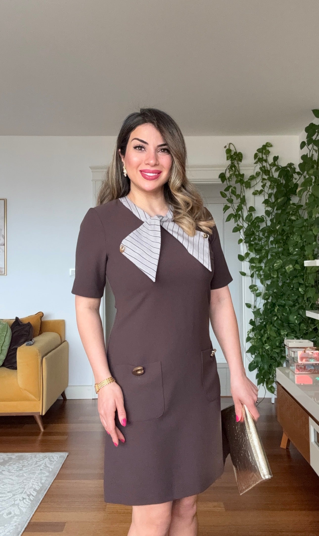 COLLAR DETAIL MINI DRESS WITH POCKETS - BROWN