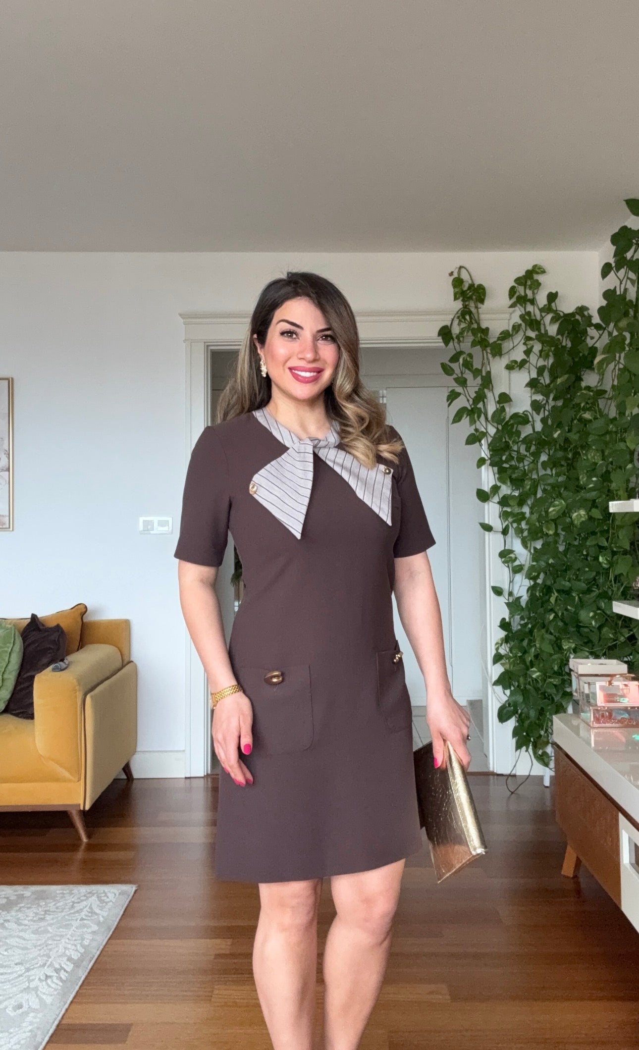 COLLAR DETAIL MINI DRESS WITH POCKETS - BROWN