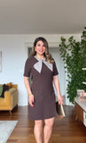 COLLAR DETAIL MINI DRESS WITH POCKETS - BROWN