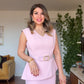 PEPLUM DRESS WITH LARGE BUCKLE BELT DETAIL - PINK