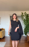 SINGLE SHOULDER CAPE DETAILED LACE TRIMMED MINI DRESS - BLACK