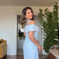 LACE-DETAIL OFF-THE-SHOULDER MIDI DRESS - BLUE