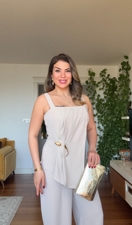 ELEGANT BROOCH DETAIL WIDE LEG JUMPSUIT - BEIGE