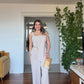 ELEGANT BROOCH DETAIL WIDE LEG JUMPSUIT - BEIGE