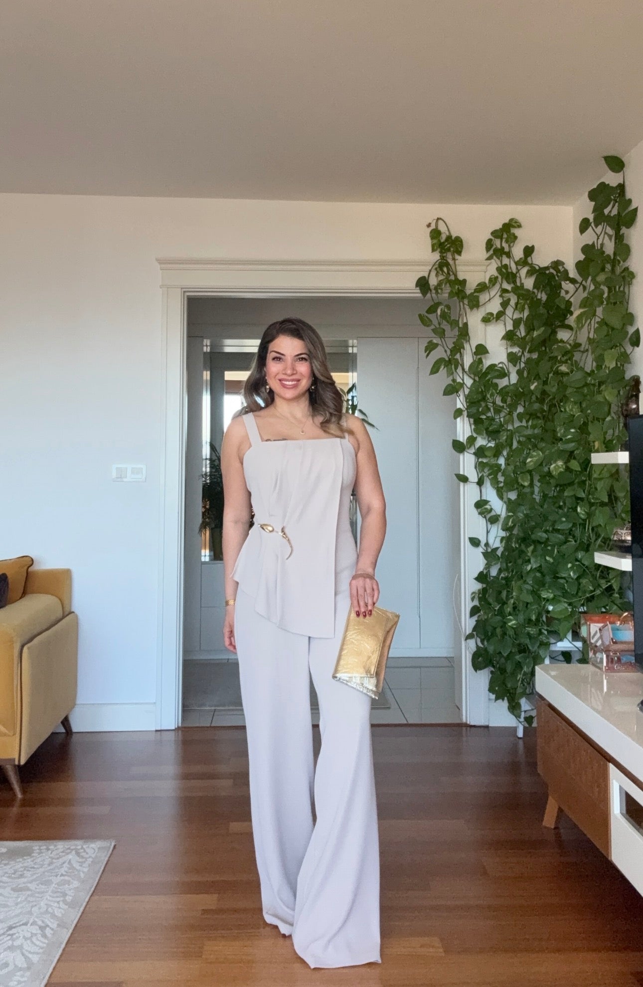 ELEGANT BROOCH DETAIL WIDE LEG JUMPSUIT - BEIGE