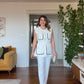 CONTRAST PIPING BELTED SLEEVELESS BLAZER AND TROUSERS SET - WHITE
