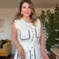 CONTRAST PIPING BELTED SLEEVELESS BLAZER AND TROUSERS SET - WHITE
