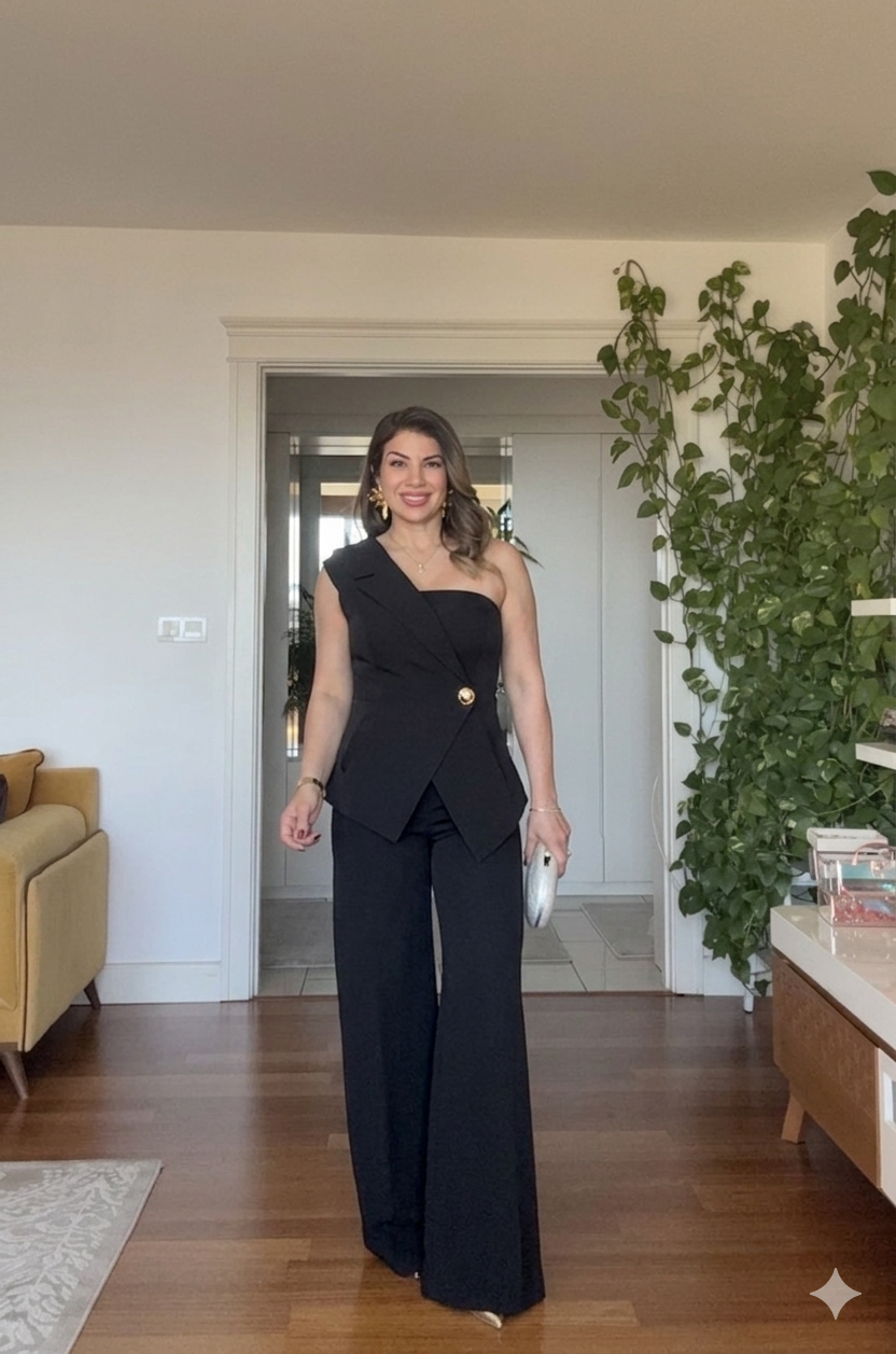 ASYMMETRIC ONE-SHOULDER BLAZER COLLAR WIDE-LEG SUIT - BLACK