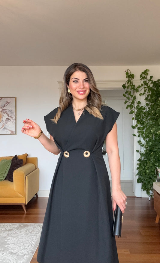 GOLD DETAIL DOUBLE-BREASTED SLEEVELESS BLACK DRESS - BLACK