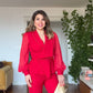 SLEEVE WITH TULLE DETAIL STONE-EMBELLISHED SUIT - RED