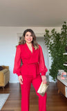 SLEEVE WITH TULLE DETAIL STONE-EMBELLISHED SUIT - RED